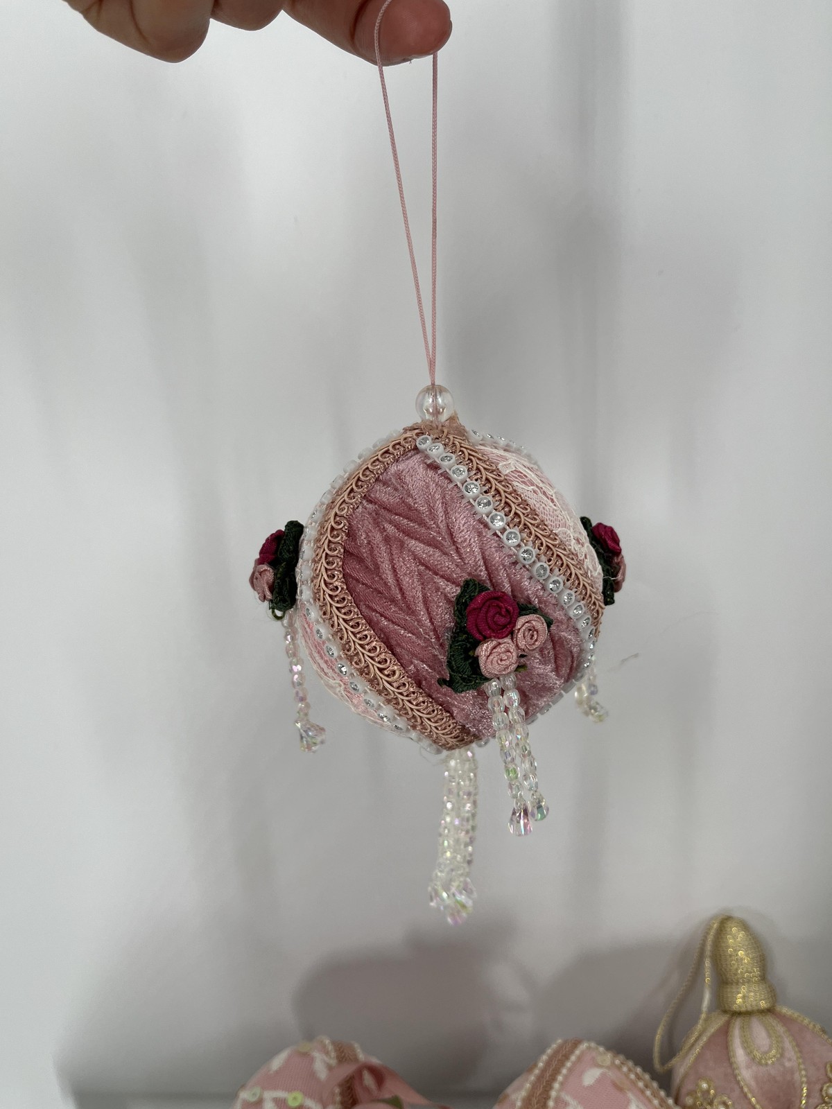 Vintage Handmade Victorian Lace Pearl Rose Christmas Ornaments Shabby Chic