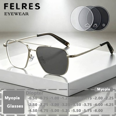 Metal Double Bridge Photochromic Myopia Glasses Men Square Nearsighted Glasses