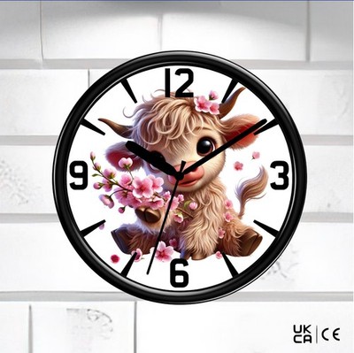 Süße Highland Kuh Wanduhr Wohndeko Geschenk Blüte leise Sweep Option lebendig