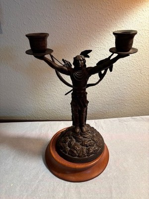 Vintage Native American Indian Bronze Candle Holder Sculpture W/Wood Base RARE