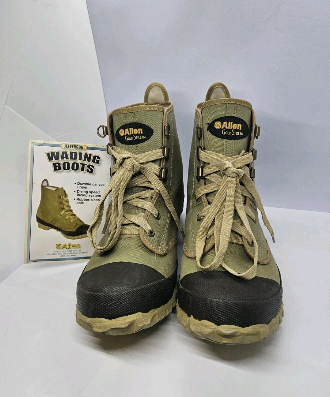 Allen Goldstream Wading Boots Size 9 Army Green Canvas Rubber Cleated Sole