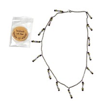 Handmade Purple Green Beaded Tassel Necklace Silver Clasp Boho Statement Jewelry