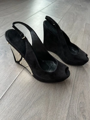 Gucci Black Suede Peep Toe Slingback Platform Wedge Sandals Size 38.5 - Image 1 of 4