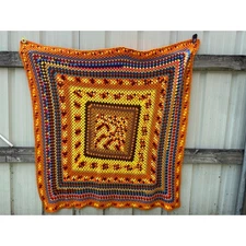 Homemade crochet blanket orange, brown, yellow, blue 67 x 63 inches