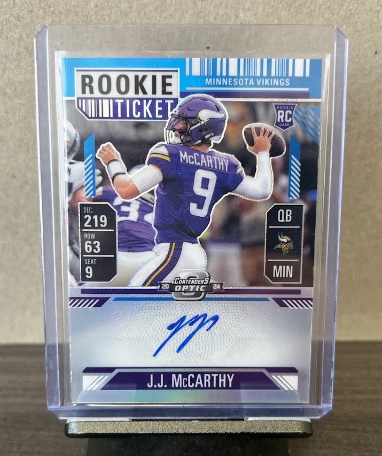 2024 CONTENDERS OPTIC J.J. McCARTHY #101 TEAL ROOKIE TICKET AUTO /99 MIN VIKINGS