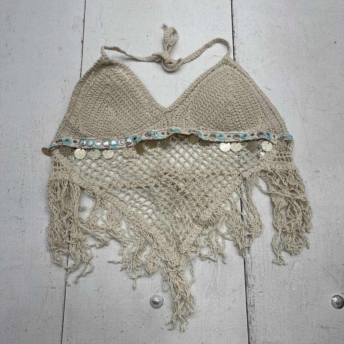 Shein Bikini Swim Top Womens M Beige Crochet Halter Fringe Sequin