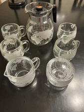 MCM Nestle Nescafe Frosted Glass World Globe Set: Pot, Sugar, Crème, + 4 Mugs