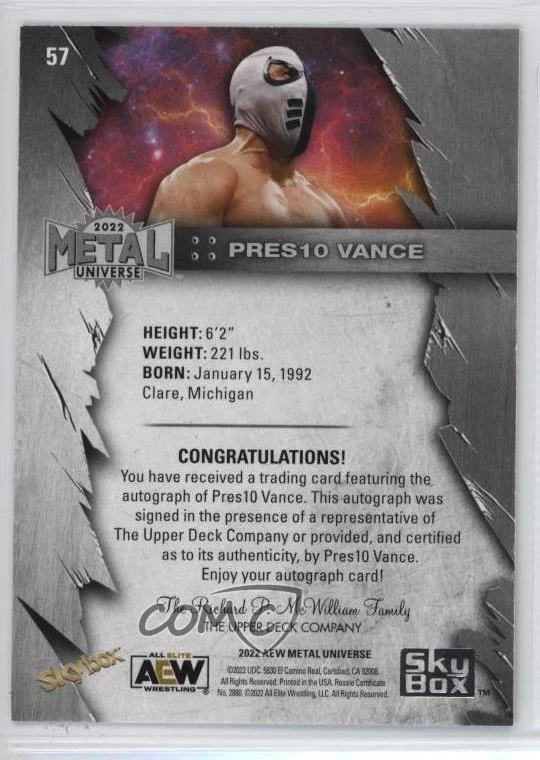2022 Skybox Metal Universe AEW All Elite Wrestling Preston Vance Rookie Auto RC - Image 2 of 2