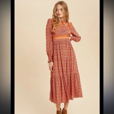 NWT In Loom Medium Red Boho Peasant Floral Midi Dress