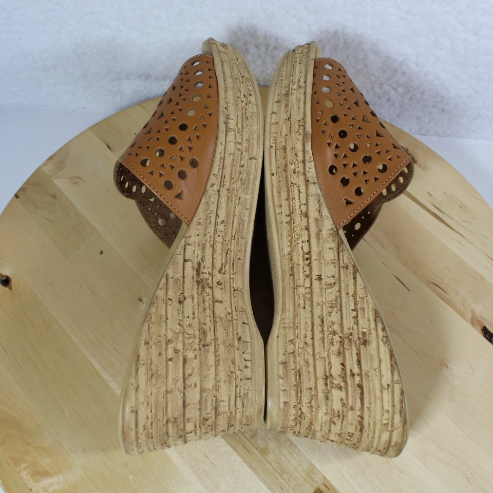 Spring Step Wedge Sandal 41 Women 9.5 Brown Leather Cutout Slip On Comfort Italy - Image 4 of 4