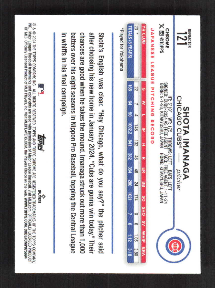 Shota Imanaga 2024 Topps Chrome Refractor Chicago Cubs