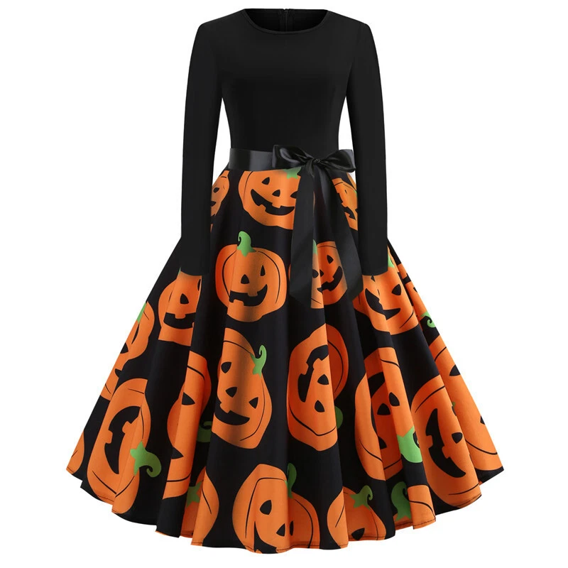 Damen Gedruckt Kürbis Halloween Kostüm Kleid Cosplay Hexe Skater Kleider Party - Bild 2 von 4