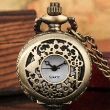 Mini Size Hollow Flower Case Men Women Quartz Pocket Watch Necklace Chain Gift