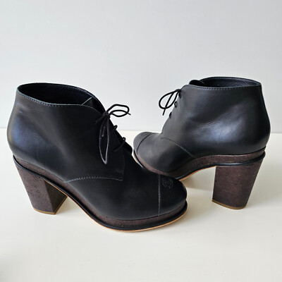 CHANEL Black Leather Cap Toe Cork Platform Heel Lace Up Ankle