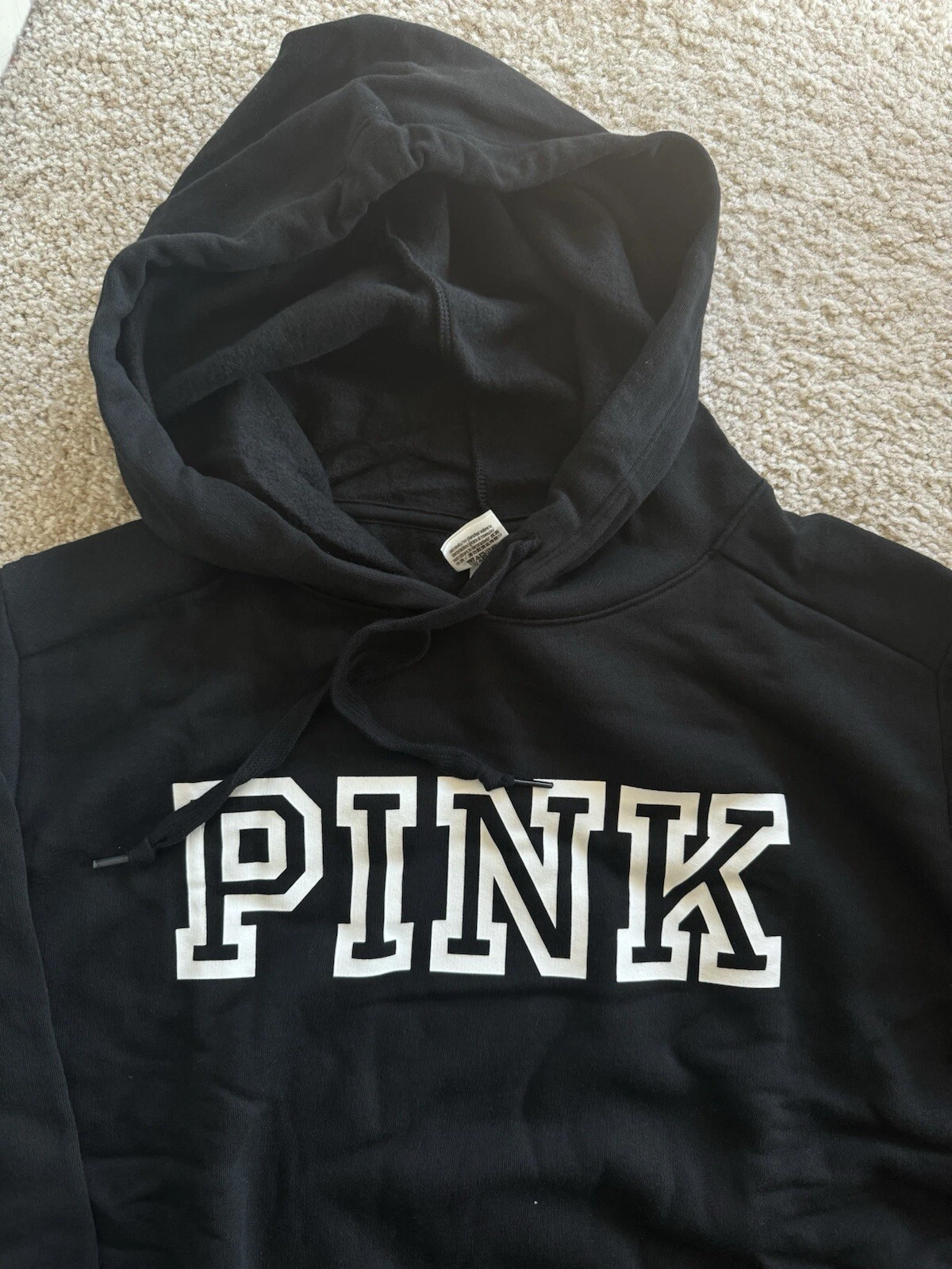 UNDERCOVER MAGLIONE Victoria’s Secret ROSA CAMPUS con cappuccio maglione logo nero oversize piccolo