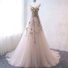 Light Pink Evening Dresses Spaghetti strap Tied Bow Floral Applique A-Line Gowns