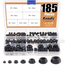 Keadic 185 Pieces Metric Black Zinc Plated Nylon Insert Lock Nuts Assortment Kit