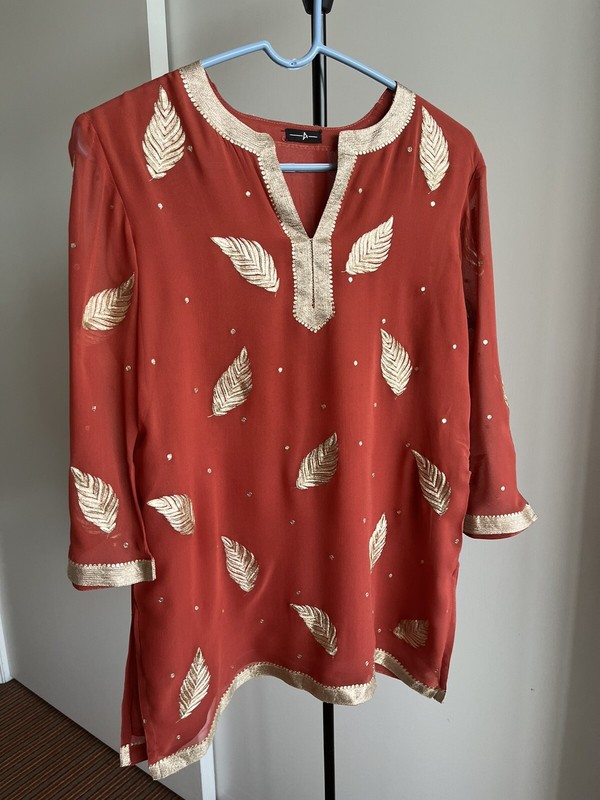 New Red Rust w Gold Leaves SILK Georgette Heirloom TOP BLOUSE KURTA TUNIC Sz M