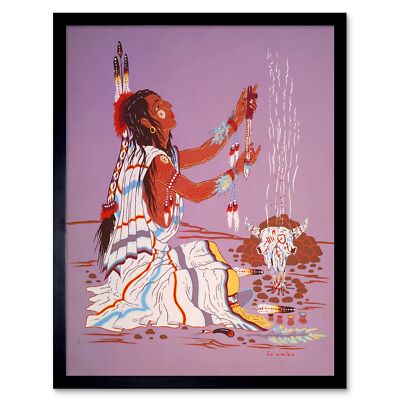 Gemälde Zeichnung Indianer Indianer Feuer Schamane Kleid 12x16 gerahmter Druck