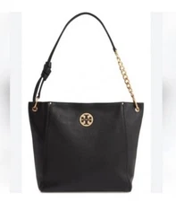$498 TORY BURCH Everly Hobo Shoulder Bag Black Leather Designer Purse Gold Chain