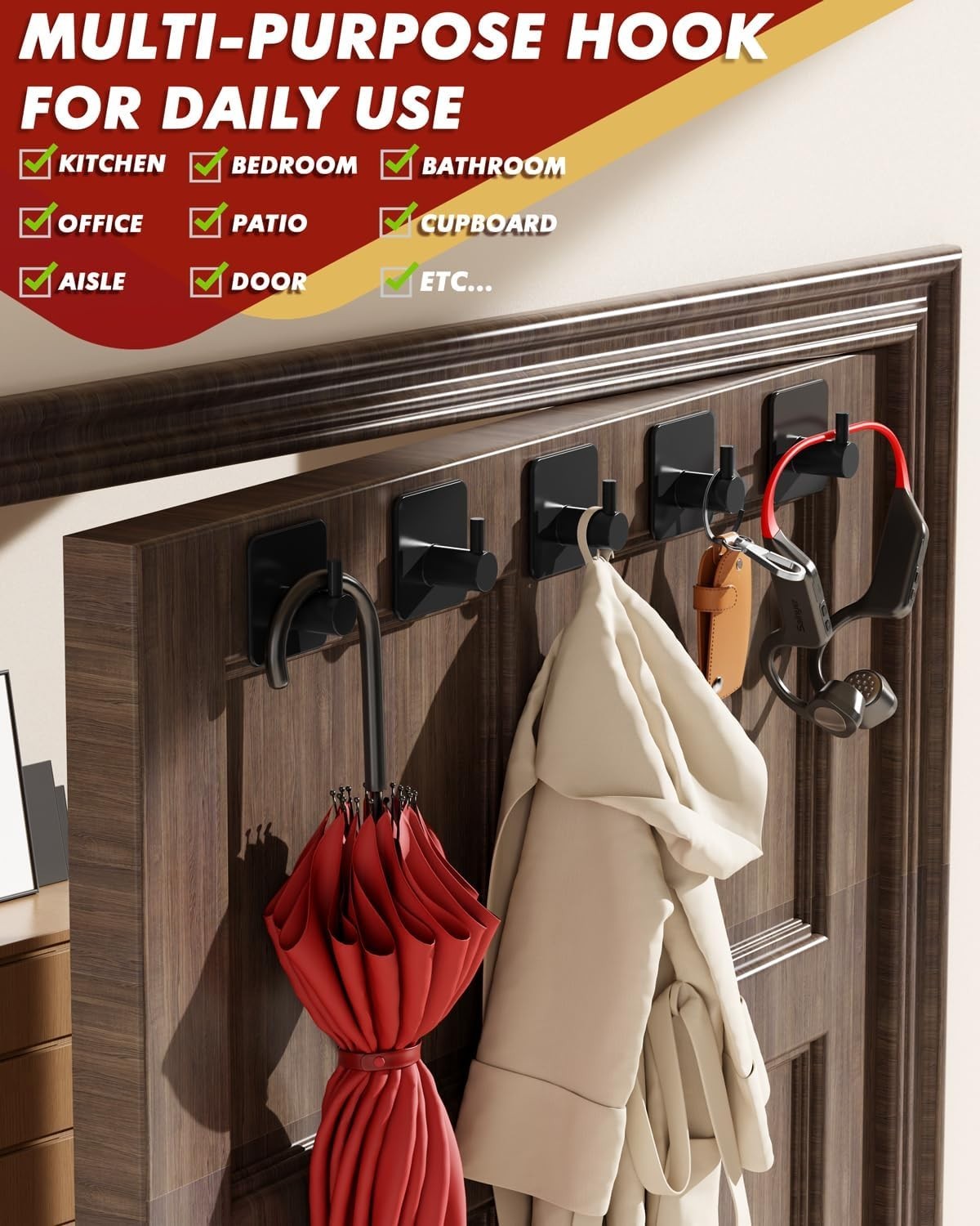 Heavy Duty 5 Pack Adhesive Hooks - 30lbs Max Capacity, Rustproof Stainless Steel