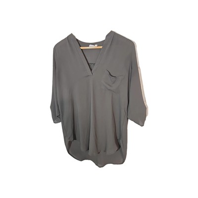LUSH Womens Top Size M Green Semi Sheer V-Neck 3/4 Roll-Tab Sleeve Blouse 