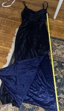 Navy Blue Satin Sleeveless Strappy Long Cowl Neck Slip Maxi Dress
