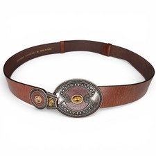 Chico's M/L Genuine Leather Hook Belt Antiqued Metal Buckle Rhinestone Boho