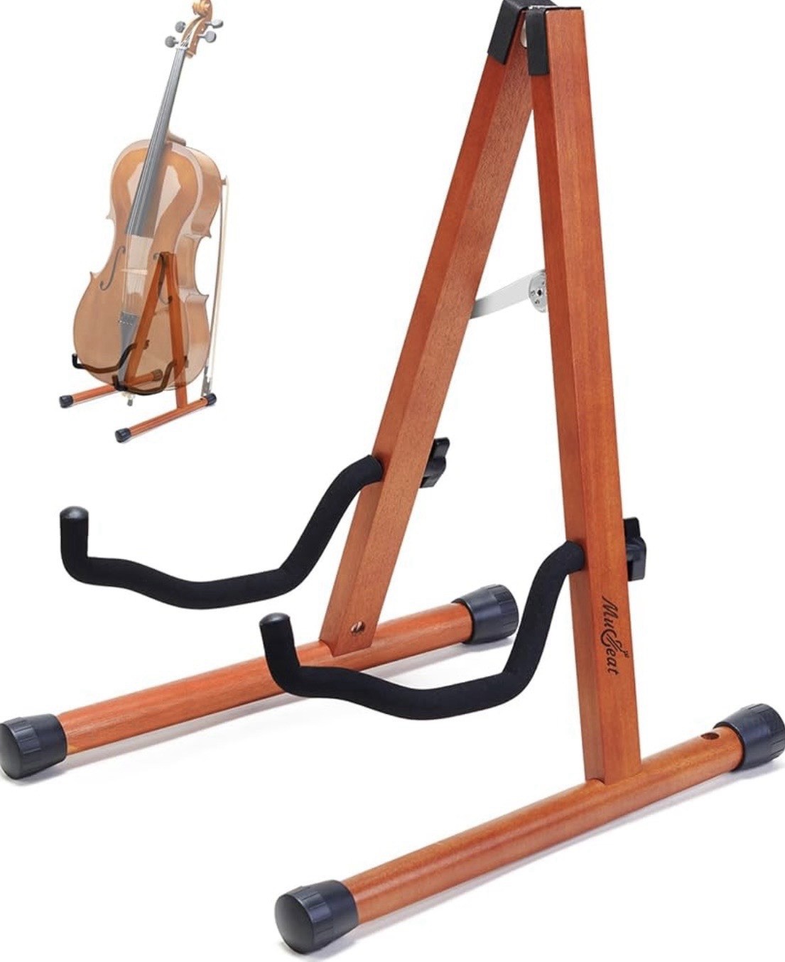 Cello Stand with Bow Holder, Mahogany Wooden A-Shape Floor Stand w/ Padded Foam