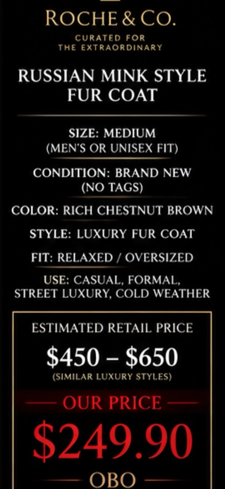 Russian Mink Style Coat Men M Rich Chestnut Brown elegant standout Buttons new - product detail image 7