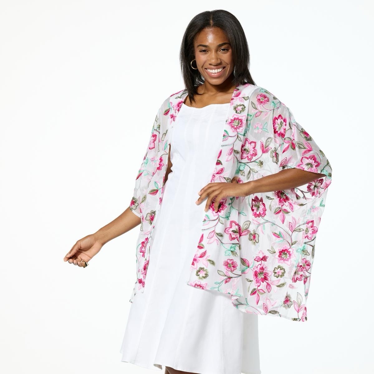Nina Leonard Embroidered Novelty Chiffon Kimono Size XL Floral NEW