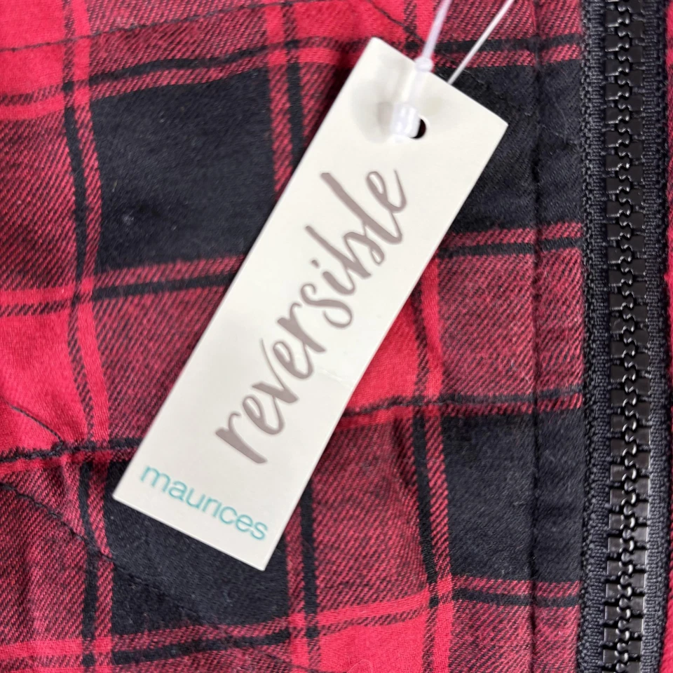 Maurices Vest Womens Large Red Black Plaid Reversible Sherpa Fleece Zip Pockets - Image 3 of 4