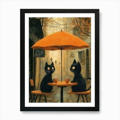 Katzen im Cafe Kunstdruck gerahmt Wandbild Poster Leinwanddruck Bild
