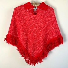 Vintage Red Knit Fringe Poncho 60s 70s Capelet Carol Evans JCPenney