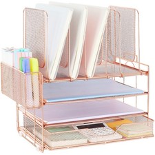 Desk Organizer with 5 Vertical File Holders, 3-Tier Paper Organizer and Drawe...