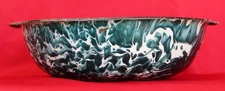 Antique Primitive Enamelware Green Swirl Bowl Graniteware Rusty Crusty Beat Up