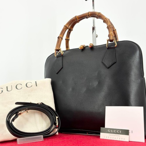 Gucci Bamboo Calf Leather 2-Way Handbag Black Used From Japan