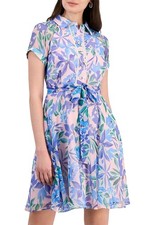 Tahari ASL Womens Shadow-Striped Fit & Flare Belted Dress 10 Bubblegum Floral