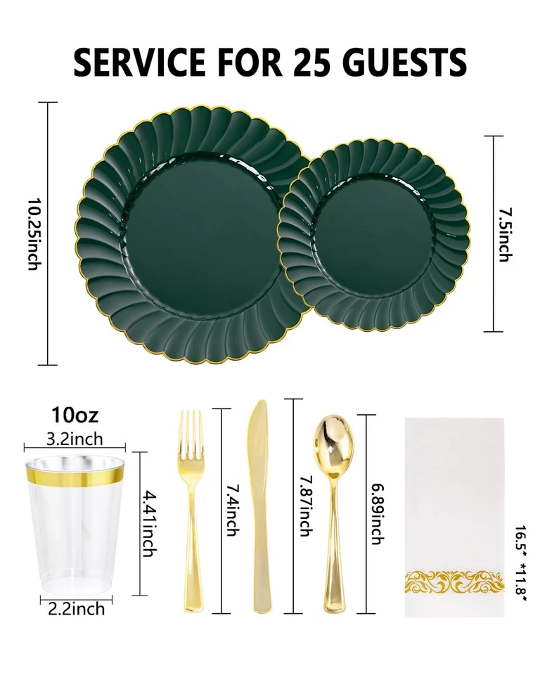 175 ШТ. Зеленые Волнистые Пластиковые Тарелки - Зеленая и Золотая Одноразовая Столовая посуда... - Изображение 2 из 4