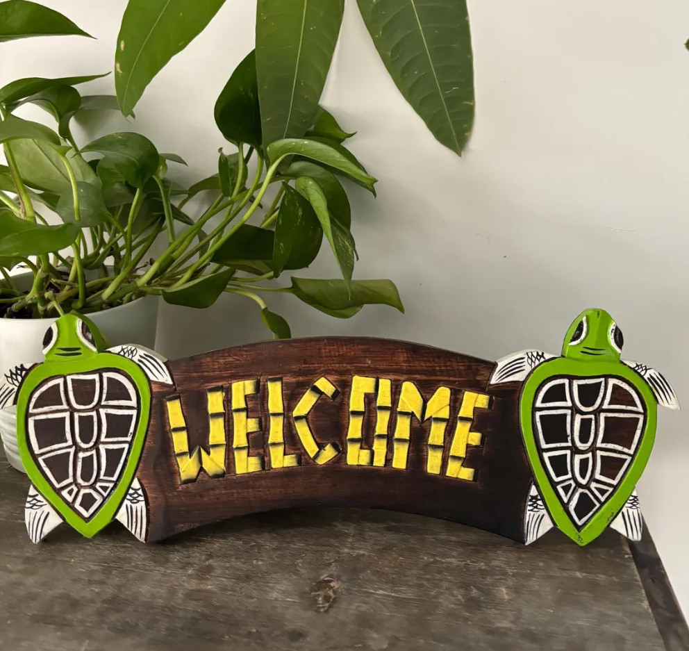 Hawaii Hand Made Wall Hanging Decor WELCOME Honu Turtle Wood Sign