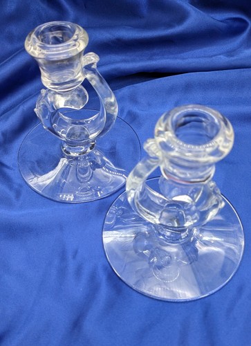 Two (2) Fostoria Clear Glass Serpentine Crystal Candle Holders Single Taper 4.5" - Picture 4 of 8