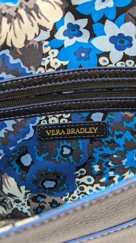VERA BRADLEY Harper Black Leather Blue CLUTCH Purse Bag Gold Link Chain Strap - Picture 9 of 18