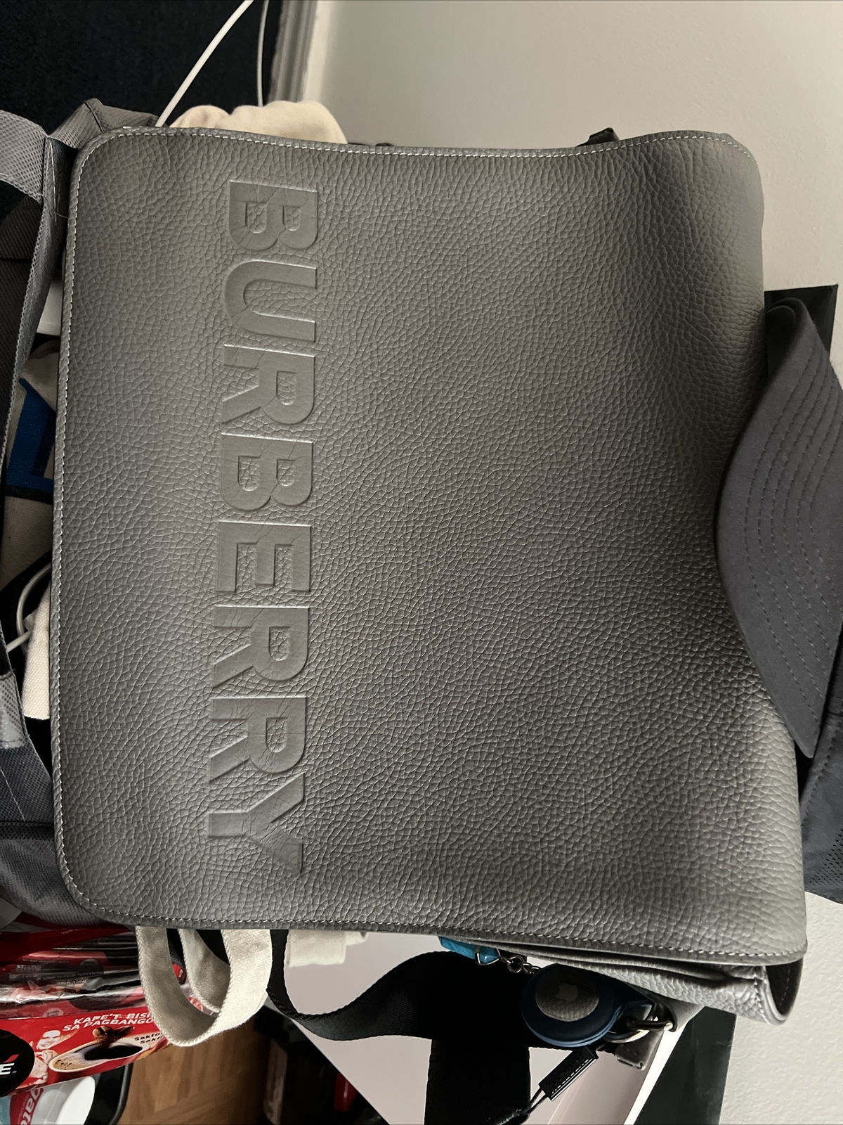 Burberry Bruno Leather Logo Charcoal Grey Messenger Bag 80528721
