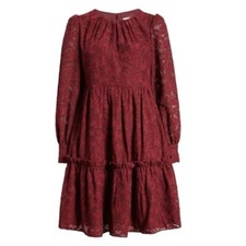 NWT Eliza J Floral Lace Long Sleeve Tiered Dress Wine Maroon Ruffle Size 6