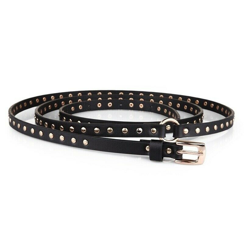 Lady Thin Belt Faux Leather Black Punk Gothic Rivet Adjustable Waistband Classic