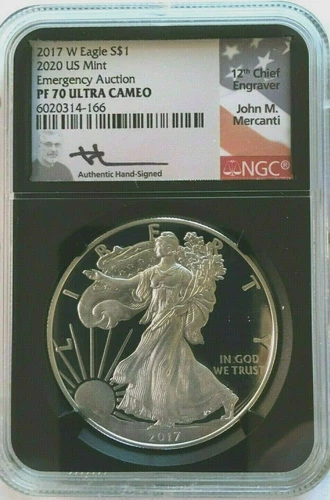 2017-W $1 SILVER EAGLE 2020 U.S. MINT EMERGENCY AUCTION NGC PF70 MERCANTI SIGNED