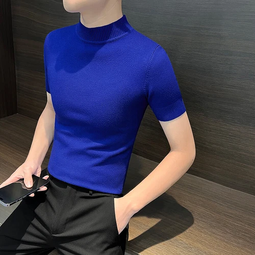 Half Turtle Neck Men Base Shirt Spring New Short-sleeved Sweater Knitted T-shirt - Picture 31 of 32