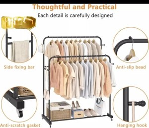 Double Rod Garment Rack with Wheels Heavy Duty Rack With 4 Hooks