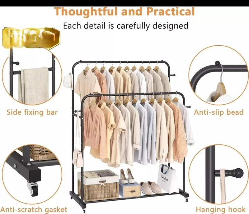 Double Rod Garment Rack with Wheels Heavy Duty Rack With 4 Hooks