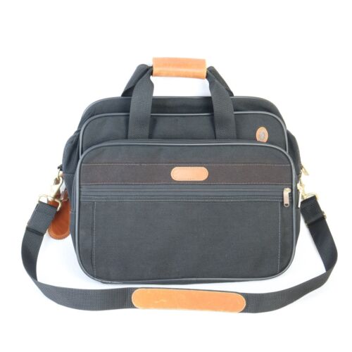 HARTMANN BLACK NYLON CANVAS BROWN LEATHER TRIM ATTACHE TOTE LAPTOP MESSENGER BAG